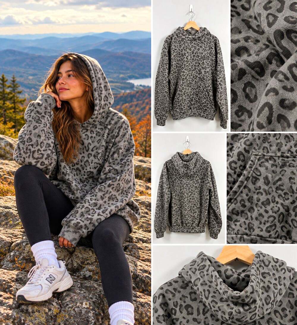 Comfrt Womens Gray Fleece Leopard Animal Print Logo Pullover Hoodie S